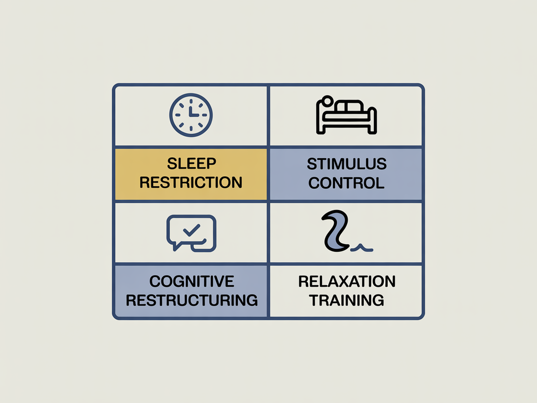 Four components of CBT-I: sleep restriction, stimulus control, cognitive restructuring, relaxation training
