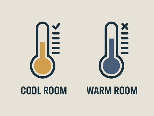 Two thermometers comparing a cool bedroom, marked good, against a warm bedroom, marked bad