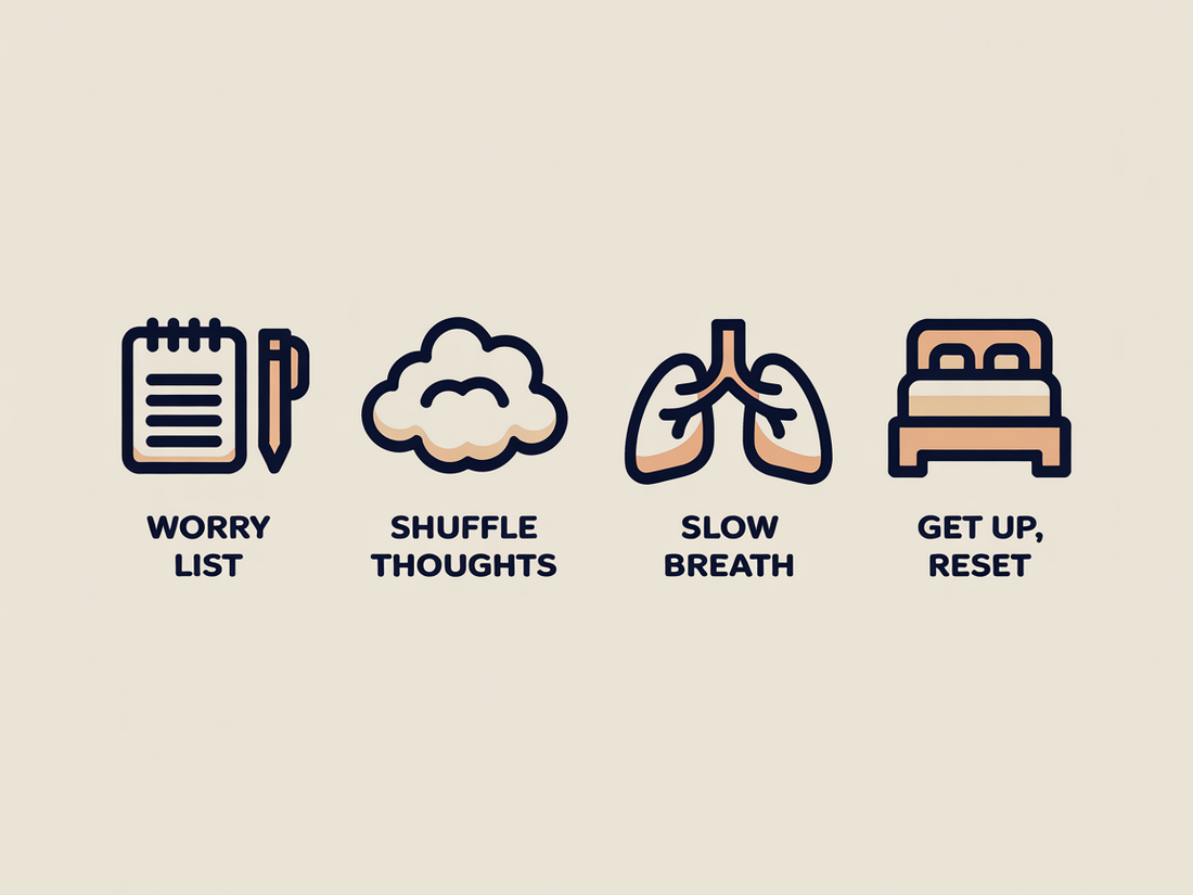 Four icons for calming racing thoughts at night: worry list, shuffle thoughts, slow breath, get up and reset
