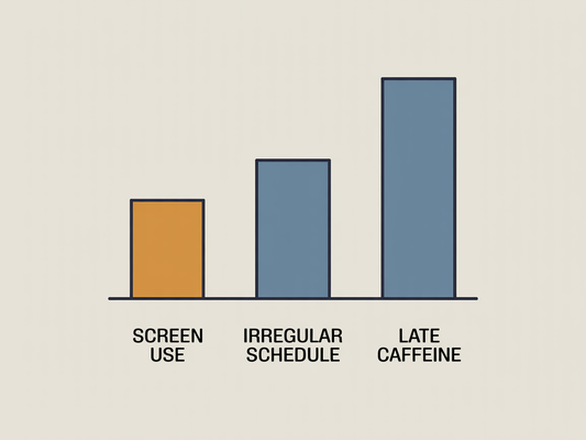 Bar chart comparing screen use, irregular schedule, and late caffeine as sleep disruptors, with screen use having the smallest effect