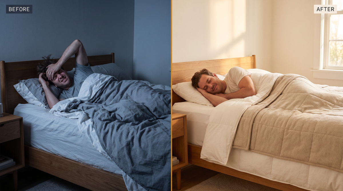 The weighted blanket draped on a made bed