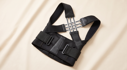 The Off Switch Back Posture Corrector, black, laid flat showing X-back straps and adjustable buckles