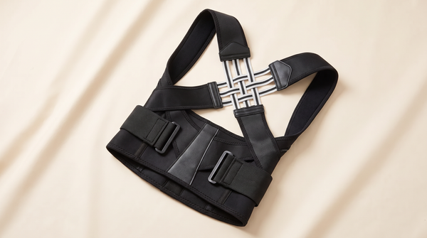 The Off Switch Back Posture Corrector, black, laid flat showing X-back straps and adjustable buckles