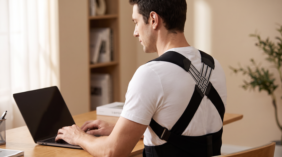 Man wearing The Off Switch Back Posture Corrector at a home office desk, back view showing upright posture
