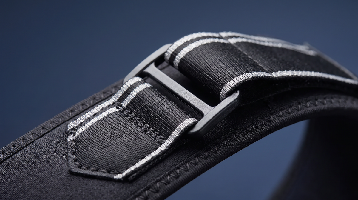 Close-up of The Off Switch Back Posture Corrector strap stitching and adjustable buckle hardware
